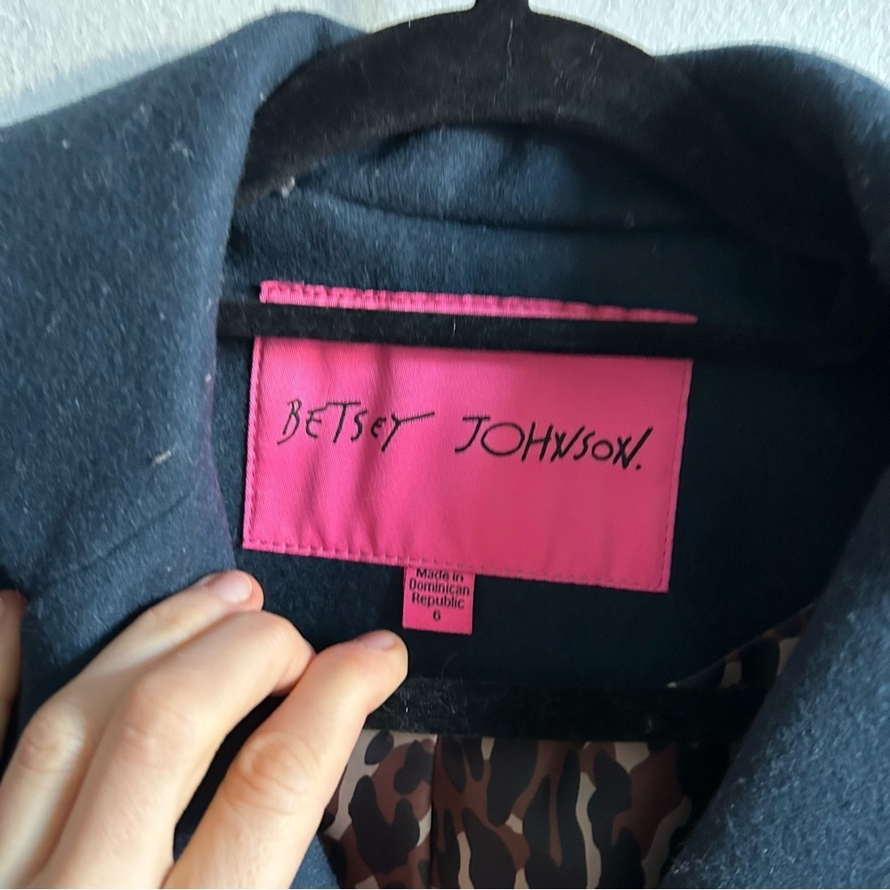 Betsey Johnson Sz 6 Wool Blend Navy Twee Bedazzled Button Coat - Picture 8 of 13